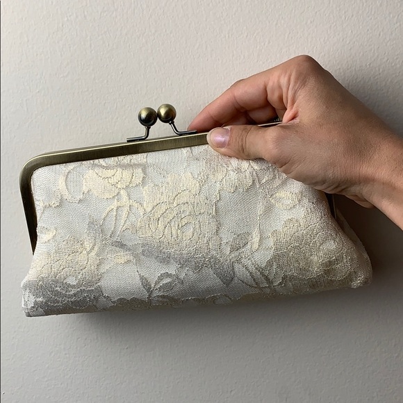Oatmeal Lace Handbags - Oatmeal Lace Bridal Clutch Ivory Gold Mint
